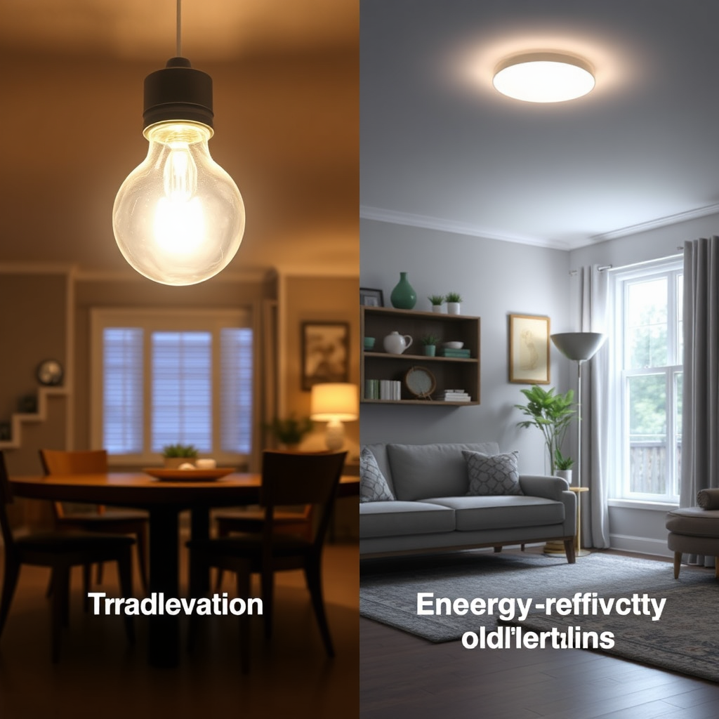 A side-by-side comparison showing traditional incandescent lighting vs. energy-efficient LED lighting in a home setting. Highlight the brightness, color, and energy savings of LEDs. Focus on a modern and stylish design. 4K resolution.
