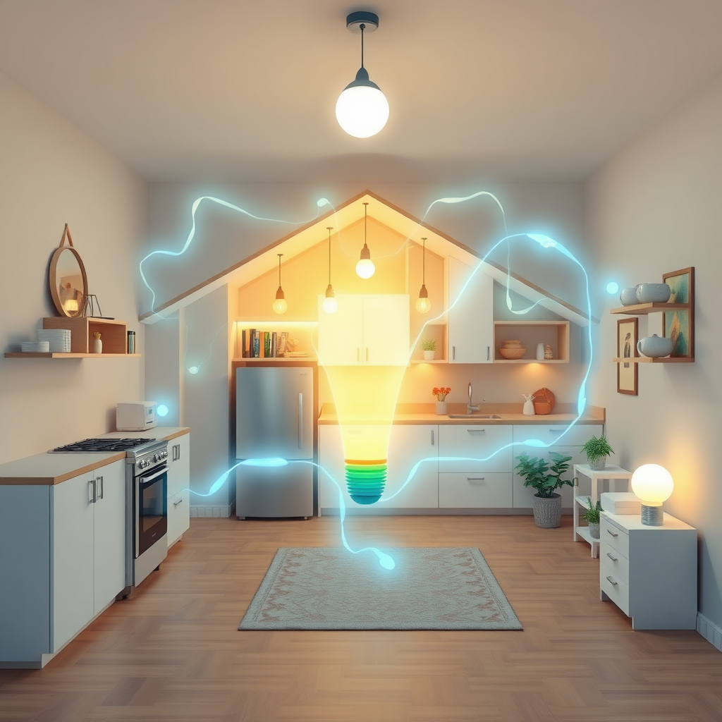 A visual representation of energy flowing efficiently through a home, highlighting energy-efficient appliances and lighting. Emphasize sustainability and cost savings. Create a clean and modern design. 4K resolution.