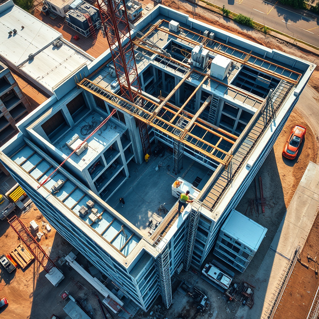 An aerial view of a large commercial building under construction, with Ex-cel Electric's team installing the electrical systems. Showcasing the scale and complexity of the project. Emphasize the company's expertise and capacity. 4K resolution.