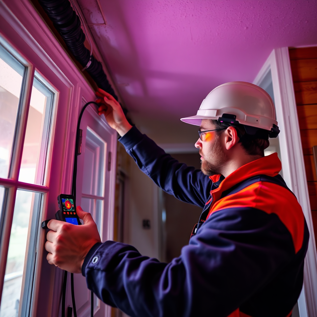 An electrician conducting an energy audit in a home, using thermal imaging to identify areas of heat loss. Emphasize the use of technology and expertise to improve energy efficiency. Create a sense of trust and professionalism. 4K resolution.