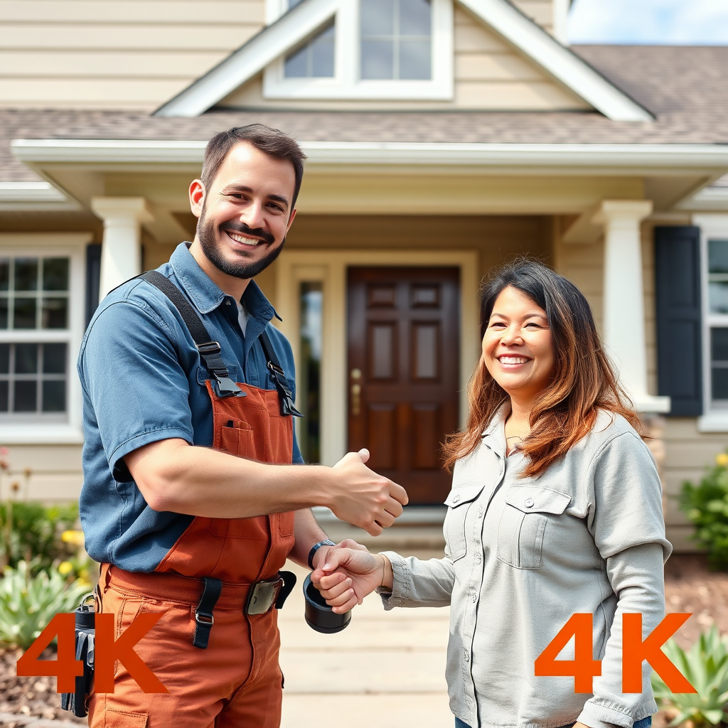An electrician smiling and shaking hands with a satisfied client in front of a newly wired home. Emphasize the personal connection and dedication to customer service. Create a warm and welcoming atmosphere. 4K resolution.