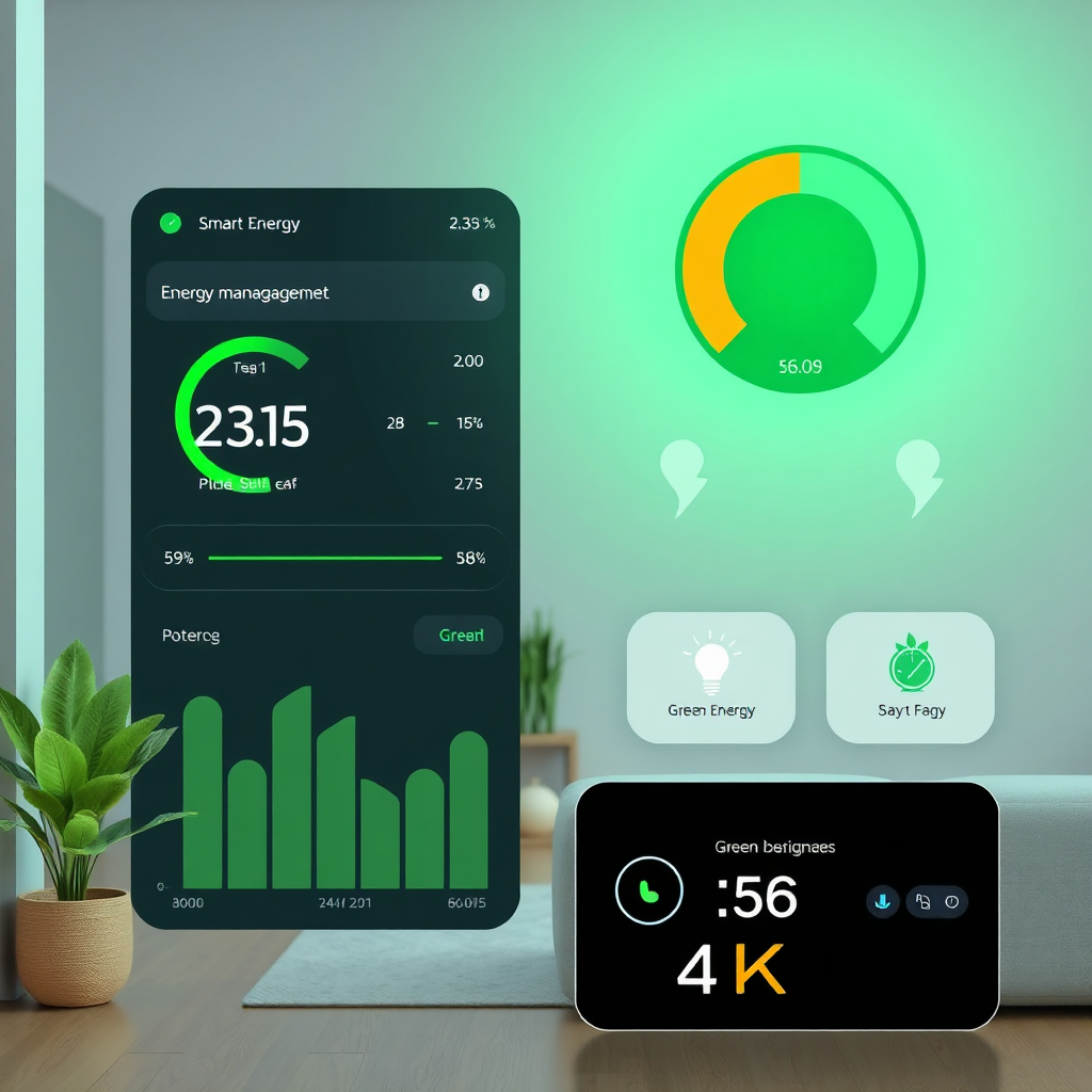 An image depicting a smart home energy management system interface, showing energy usage and savings. Highlight green energy elements and a modern, tech-forward design. Emphasize sustainability and cost savings. 4K resolution.
