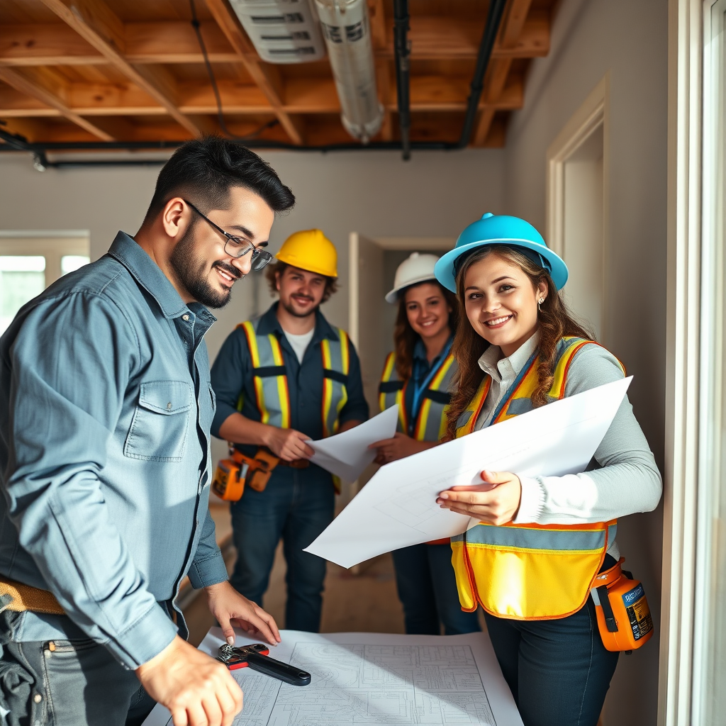 Create a 4K, high-quality image representing Ex-cel Electric, LLC's mission. The scene should feature a diverse team of electricians, both men and women, working collaboratively on a modern residential project. The focus should be on teamwork, precision, and safety. The lighting should be natural and warm, creating a welcoming and professional atmosphere. The color palette should be clean and modern, with accents of the company's branding colors. The camera angle should be eye-level, emphasizing the team's approachability and expertise. Include texture details like tool belts, wiring, and blueprints. The environment should be a well-lit, organized construction site. The overall style should be professional and trustworthy, conveying the company's commitment to quality and customer satisfaction. Relevant props include electrical tools, safety equipment, and architectural plans. The image should evoke a sense of confidence and reliability.