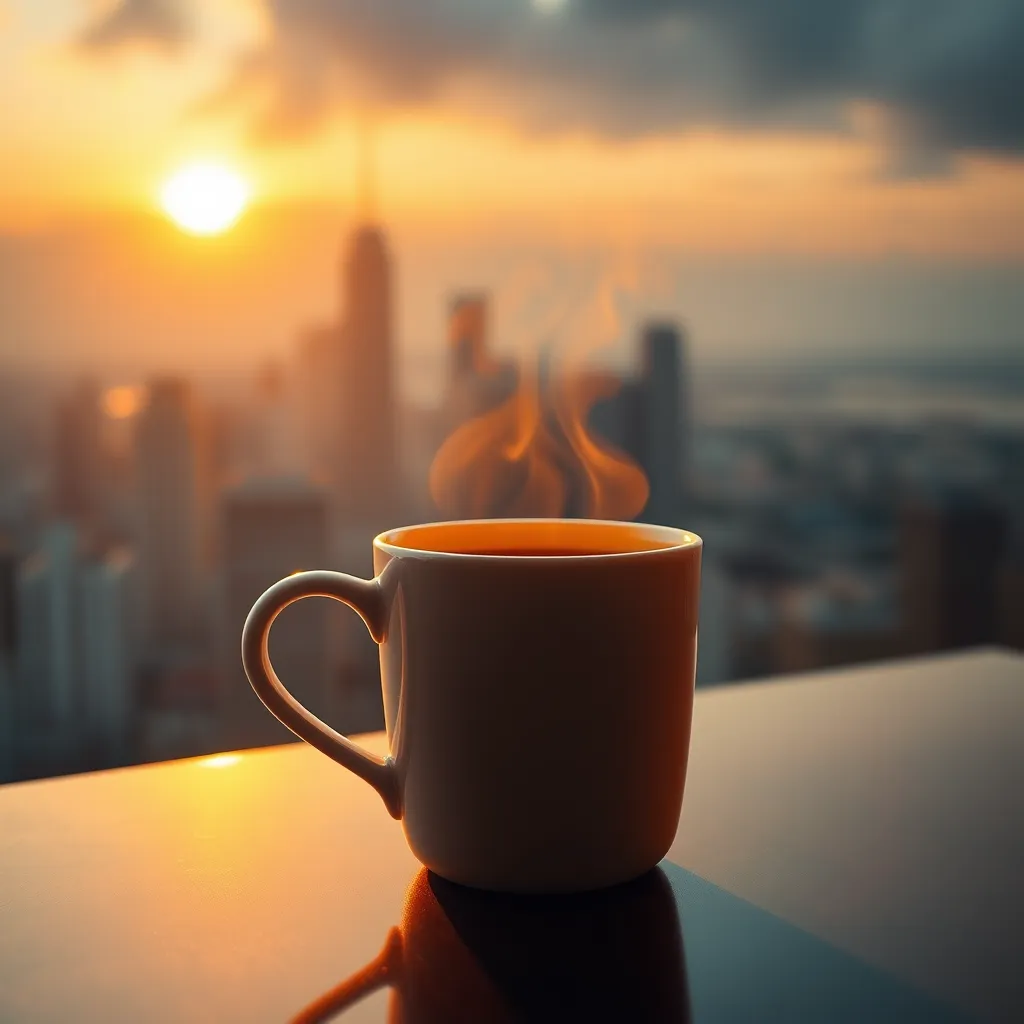 A photorealistic image of a cup of coffee steaming with a glowing orange aura around it, suggesting energy and warmth. The background should be a blurred image of a sunrise over a city skyline, symbolizing a fresh start and vitality.