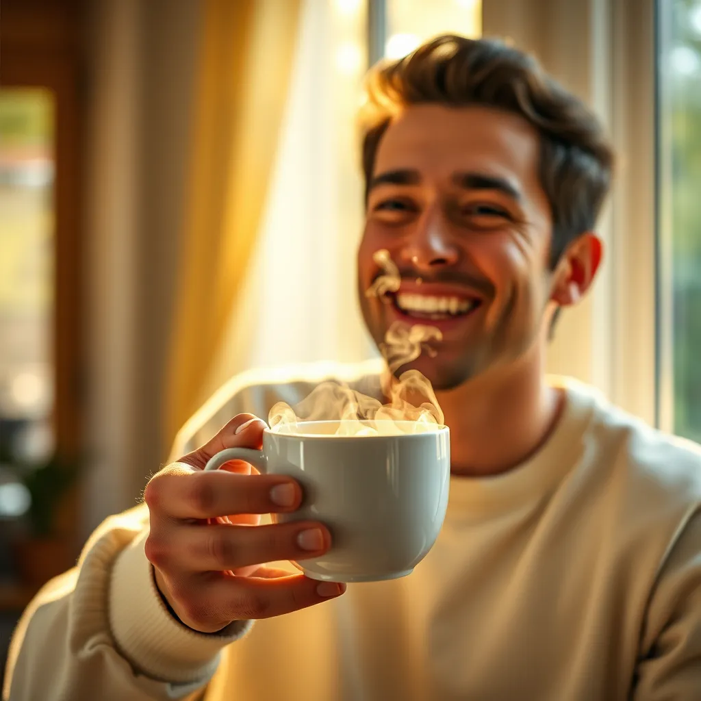 A photorealistic image of a person looking energized and happy while holding a steaming cup of coffee. The background should be a vibrant morning scene with sunlight streaming through a window. The image should convey a sense of vitality and energy.