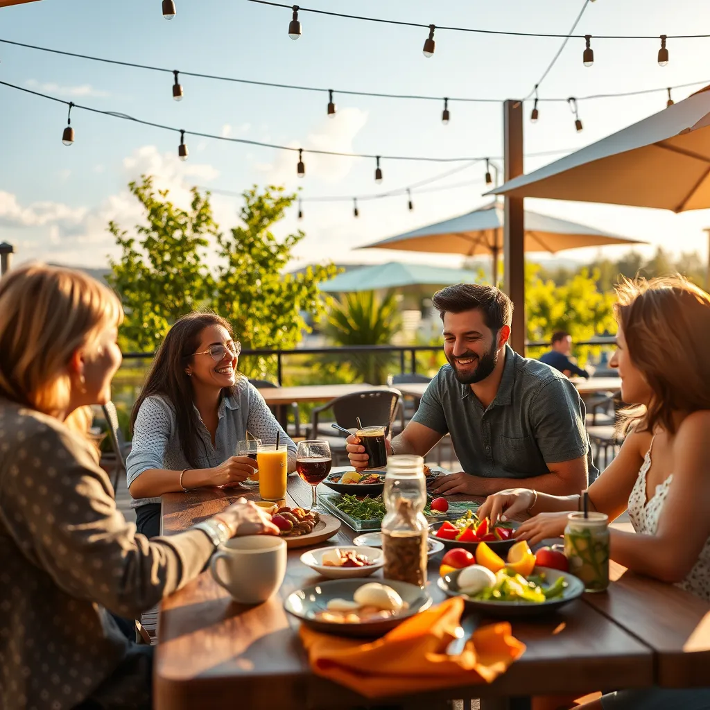 A photorealistic image of a person enjoying a healthy breakfast with friends at a sun-drenched outdoor patio. The scene should convey a sense of joy, community, and well-being. The image should highlight fresh, healthy ingredients and a vibrant, energetic atmosphere.