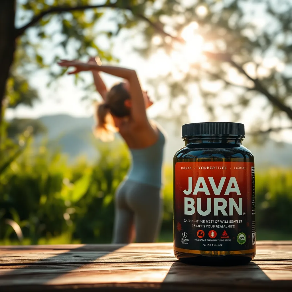 A photorealistic image of a person doing a yoga pose outdoors in a serene natural setting. The person appears relaxed and healthy, surrounded by lush greenery and sunlight. In the background, a jar of Java Burn is subtly placed on a wooden table, suggesting its connection to overall health and well-being.