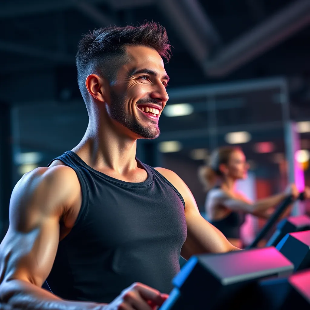 A photorealistic image of a person working out in a gym, looking energetic and focused. The image should be filled with vibrant colors and dynamic movement, showcasing the benefits of increased energy and vitality. The person should be smiling and confidently pushing themselves to achieve their fitness goals.