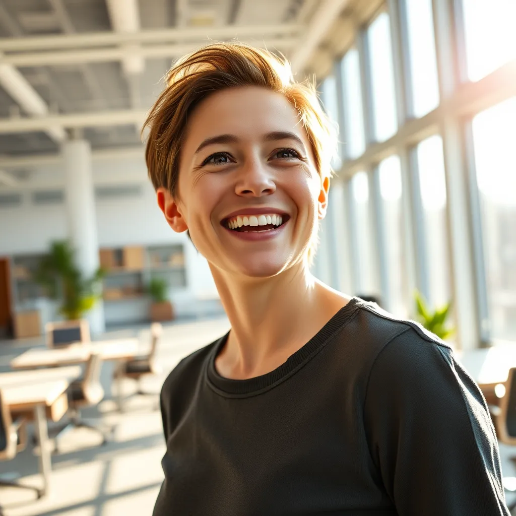 A photorealistic image of a person with a bright, confident smile, looking energized and focused. They are standing in a modern, open-concept office space, bathed in natural sunlight streaming through large windows. The image should convey a sense of accomplishment and well-being.