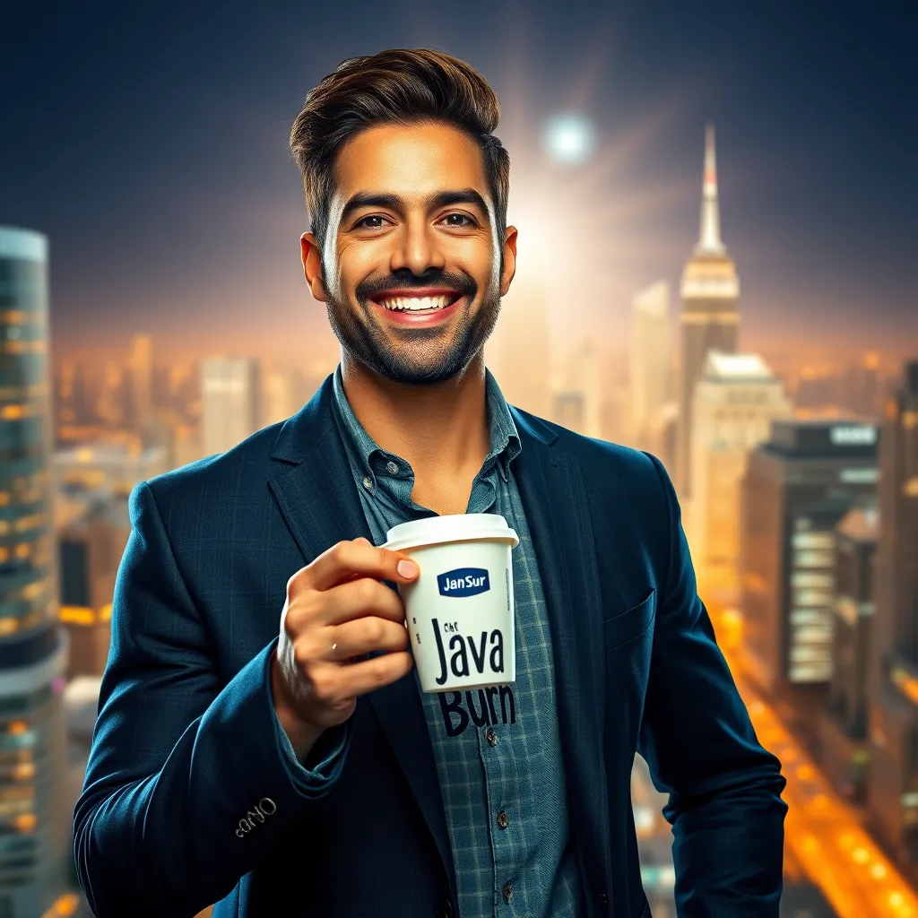 A professional portrait of a confident and radiant person, full of energy and vitality, holding a cup of coffee with a Java Burn packet. They are surrounded by a bright, modern cityscape, symbolizing their success and potential.