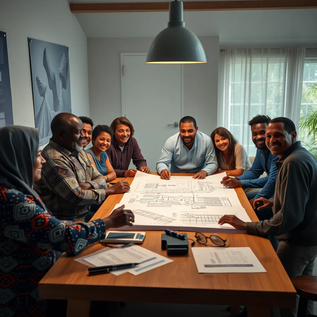A group of diverse individuals, including landowners, developers, and community members, gathered around a table discussing blueprints and plans for a new development project. The atmosphere should be positive and collaborative, highlighting the shared vision and mutual respect between all parties.
