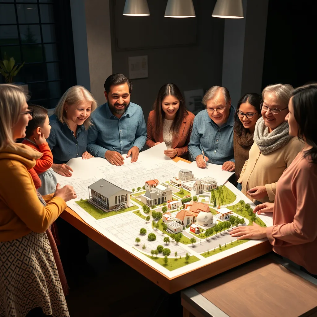 A group of people, diverse in age and background, standing around a table with blueprints and models of a modern sustainable community. They are engaged in a discussion, with smiles on their faces, conveying a sense of collaboration and shared vision.