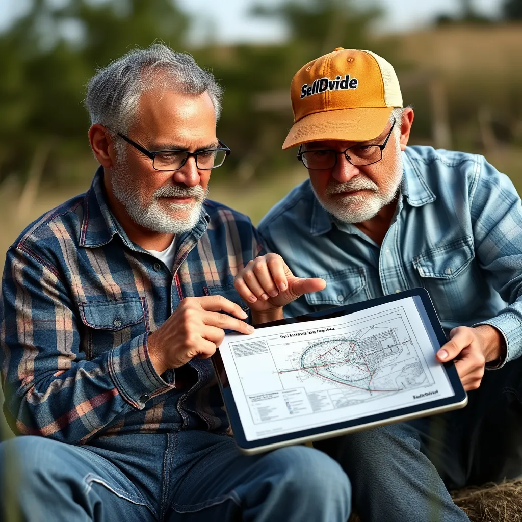 A landowner, dressed casually but with a confident posture, sits with a SelfDivide representative. They both study a detailed plan on a tablet, while the representative explains a specific aspect, emphasizing a point with their finger. The image conveys a sense of partnership and knowledge sharing.