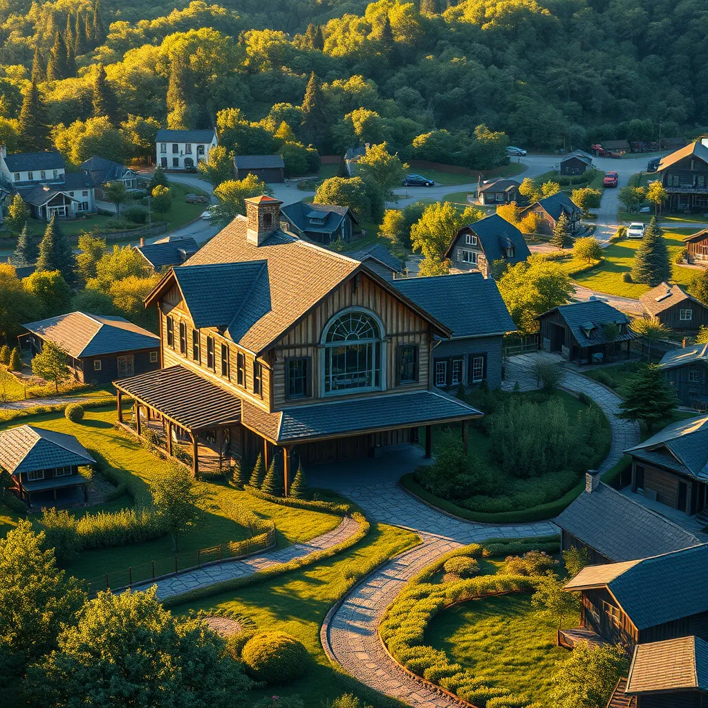 A photorealistic image, with a focus on depth and texture, showcasing a historical landmark, such as an old farmhouse or a historic barn, seamlessly integrated into a thriving sustainable community. The landmark is beautifully restored and repurposed, serving as a community center or a cultural space. The surrounding area features modern, sustainable homes, green spaces, and community amenities, all harmoniously blending with the historic element. The image should convey a sense of continuity and respect for the past while embracing a sustainable future.  The lighting should be warm and inviting, with the sun casting long shadows across the scene. The colors should be a mix of earthy tones and vibrant greens, representing the connection between history and nature.  The composition should be balanced, with the historical landmark as the central focus.  The background should be a detailed representation of the thriving community, showcasing its sustainable elements and community spirit.