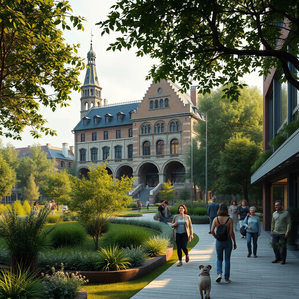 A photorealistic image of a modern, sustainable community with green spaces and a restored historic building in the background. The image should showcase a sense of harmony between tradition and progress, with people of different ages enjoying the space.