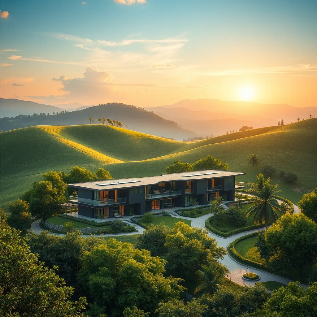 A serene, picturesque landscape showcasing a modern, eco-friendly residential development nestled amongst rolling hills and lush greenery. The scene should convey a harmonious blend of nature and modern architecture, reflecting the values of sustainability and legacy preservation.