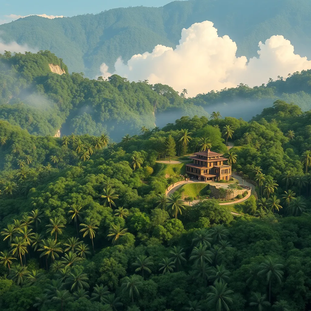 A stunning landscape featuring a lush forest with a modern, sustainable residential community nestled harmoniously within it. The architecture is a blend of traditional and contemporary elements, showcasing a respectful approach to the land. The image conveys a sense of peace, beauty, and sustainability.