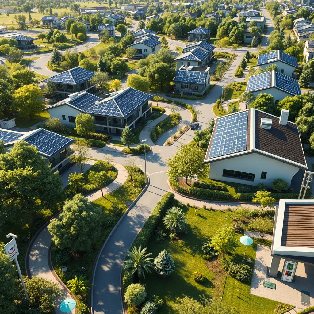 A vibrant, modern community with green spaces, walking paths, solar panels on rooftops, and electric vehicle charging stations. The image should depict a thriving, sustainable development that seamlessly integrates nature and technology, showcasing the potential for increased property value and community well-being.