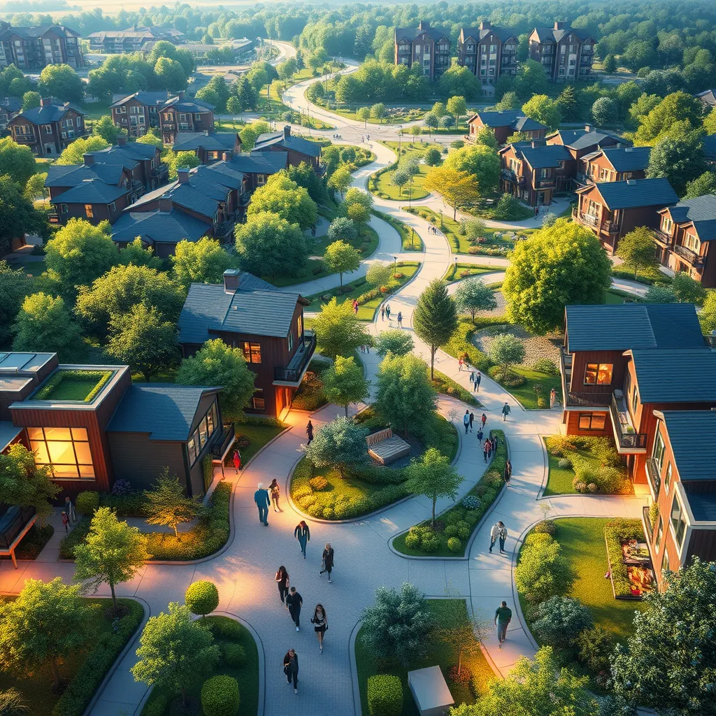A vibrant and dynamic image, ultra-detailed, showcasing a modern, sustainable community in its prime.  The image should include a mix of single-family homes, townhouses, and multi-family apartments, all built with environmentally-friendly materials and featuring modern architectural designs. Lush green spaces and walking paths weave throughout the community, connecting residents to parks, community gardens, and a central plaza.  The image should capture the sense of community and well-being, with people of all ages enjoying the various amenities.  The lighting should be warm and inviting, with soft diffused lighting.  The colors should be rich and earthy, highlighting the natural beauty of the community.  The composition should be dynamic, showcasing the flow and connectivity of the community.  The image should be in the style of a photorealistic illustration, emphasizing the details and textures of the environment.