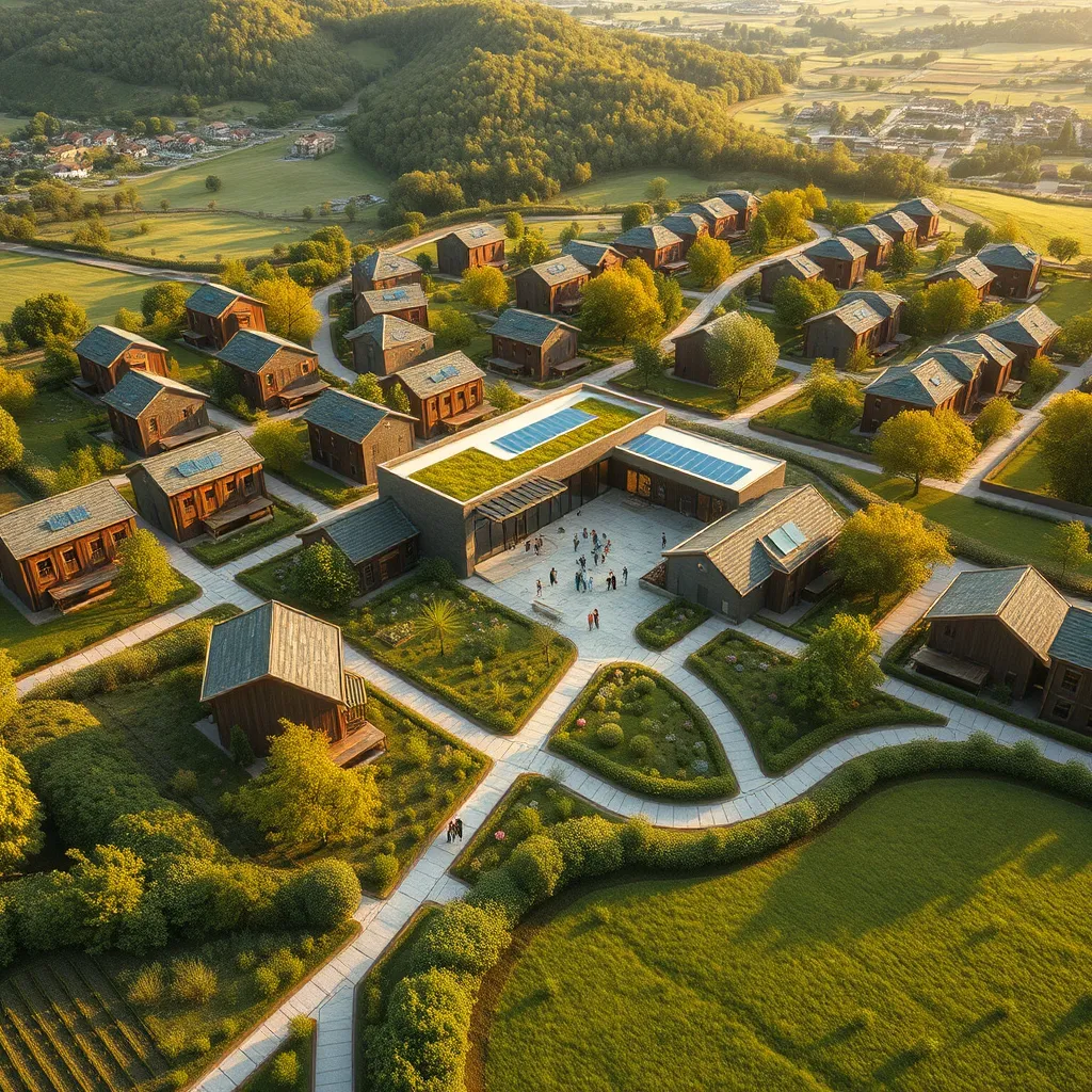 Generate a photorealistic, 8K resolution image depicting a modern, sustainable community nestled within a picturesque semi-rural landscape. The image should feature a mix of residential buildings with green roofs and solar panels, interspersed with lush gardens and walking paths. A central community center with a contemporary design should be prominently displayed, showcasing a gathering space with people interacting. The lighting should be warm and inviting, creating a sense of community and tranquility. The color palette should be a blend of earthy tones, representing the natural environment, with pops of vibrant green and blue for accents. The image should be captured from a high angle, showcasing the sprawling community and its connection to the surrounding nature. Textures should be detailed and realistic, capturing the smooth surfaces of the buildings, the rough texture of stone pathways, and the soft touch of green grass and foliage. The image should evoke a sense of harmony between human development and the natural environment, reflecting SelfDivide's commitment to sustainable and future-focused communities. Style references should include the work of architects like Bjarke Ingels Group (BIG) and Heatherwick Studio, known for their innovative and sustainable designs. The final image should be hyperrealistic, showcasing every detail with exceptional clarity and depth., ultra high resolution, photorealistic, 8K, hyperdetailed, cinematic lighting