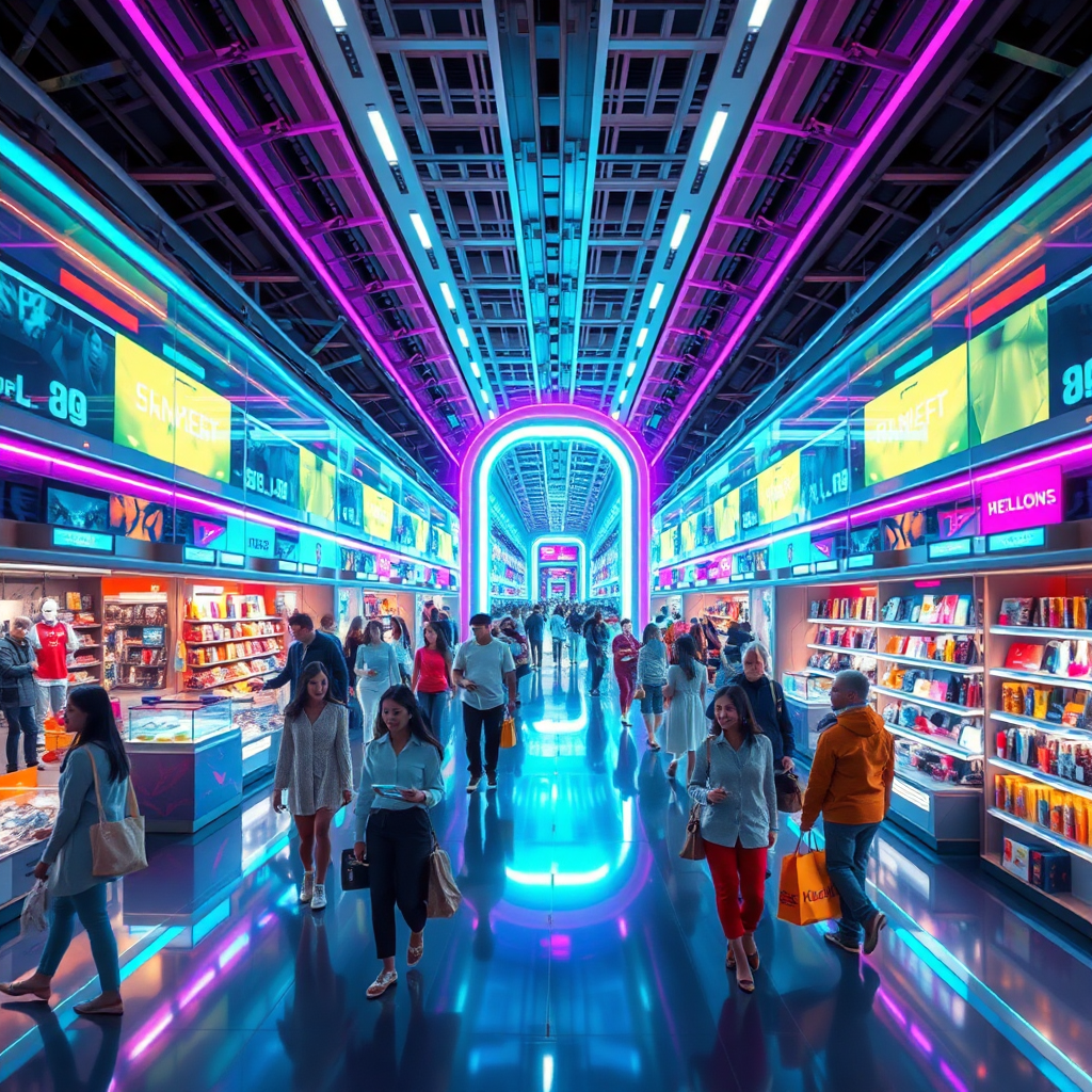 A breathtaking, photorealistic 8K image of a futuristic, vibrant online super shopping mall. The composition should feature a central, glowing portal leading to endless aisles filled with diverse products, from electronics to fashion. Shoppers, diverse in age and ethnicity, are depicted happily browsing using holographic interfaces and augmented reality displays. The lighting is dynamic, with a soft, ethereal glow emanating from the portal, contrasted by the sharp, focused illumination on the products. The color palette is a harmonious blend of neon blues, electric purples, and vibrant greens, accented with metallic silver and gold. The camera angle is a wide, slightly low shot, emphasizing the scale and grandeur of the online mall. Textures are hyperrealistic, capturing the fine details of fabrics, metals, and holographic projections. The environment is a clean, modern interface overlaid on a futuristic cityscape. The image should evoke a sense of excitement, convenience, and limitless possibilities. Style: Hyperrealistic, futuristic, with a touch of fantasy.