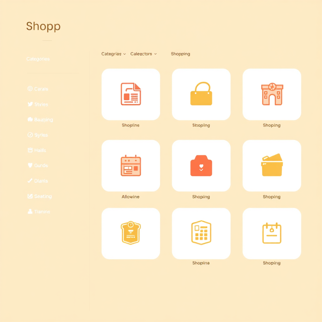  A clean, user-friendly interface showcasing a variety of shopping categories with clear and concise icons. Use a flat design style.