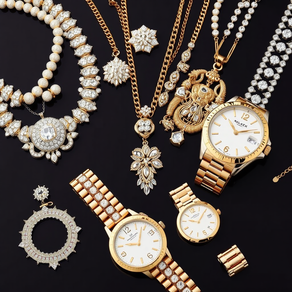 A collection of elegant jewelry and watches, such as diamond necklaces, gold bracelets, and luxury timepieces, representing timeless elegance.