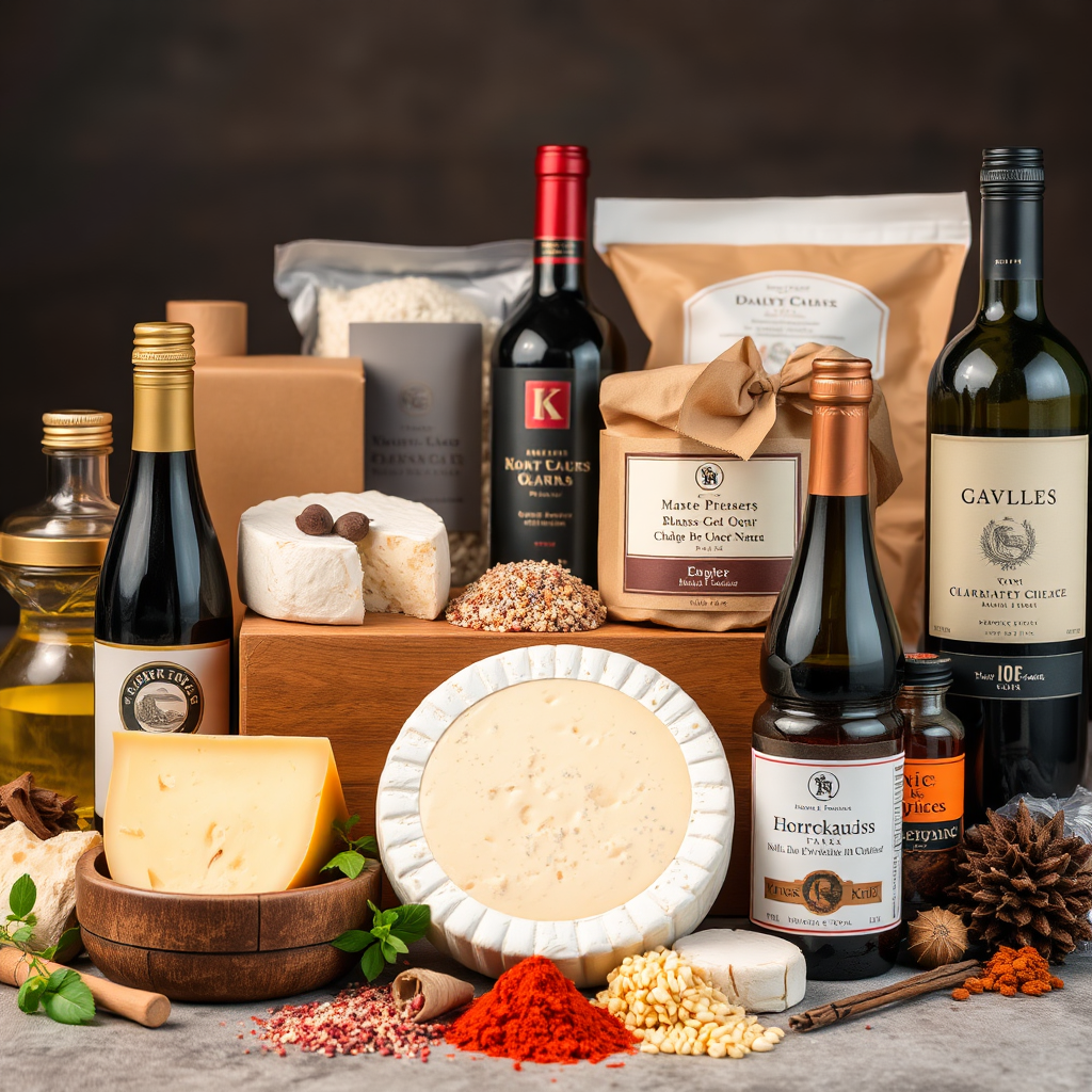 A collection of gourmet foods and drinks, such as artisanal cheeses, fine wines, and exotic spices, representing culinary excellence.