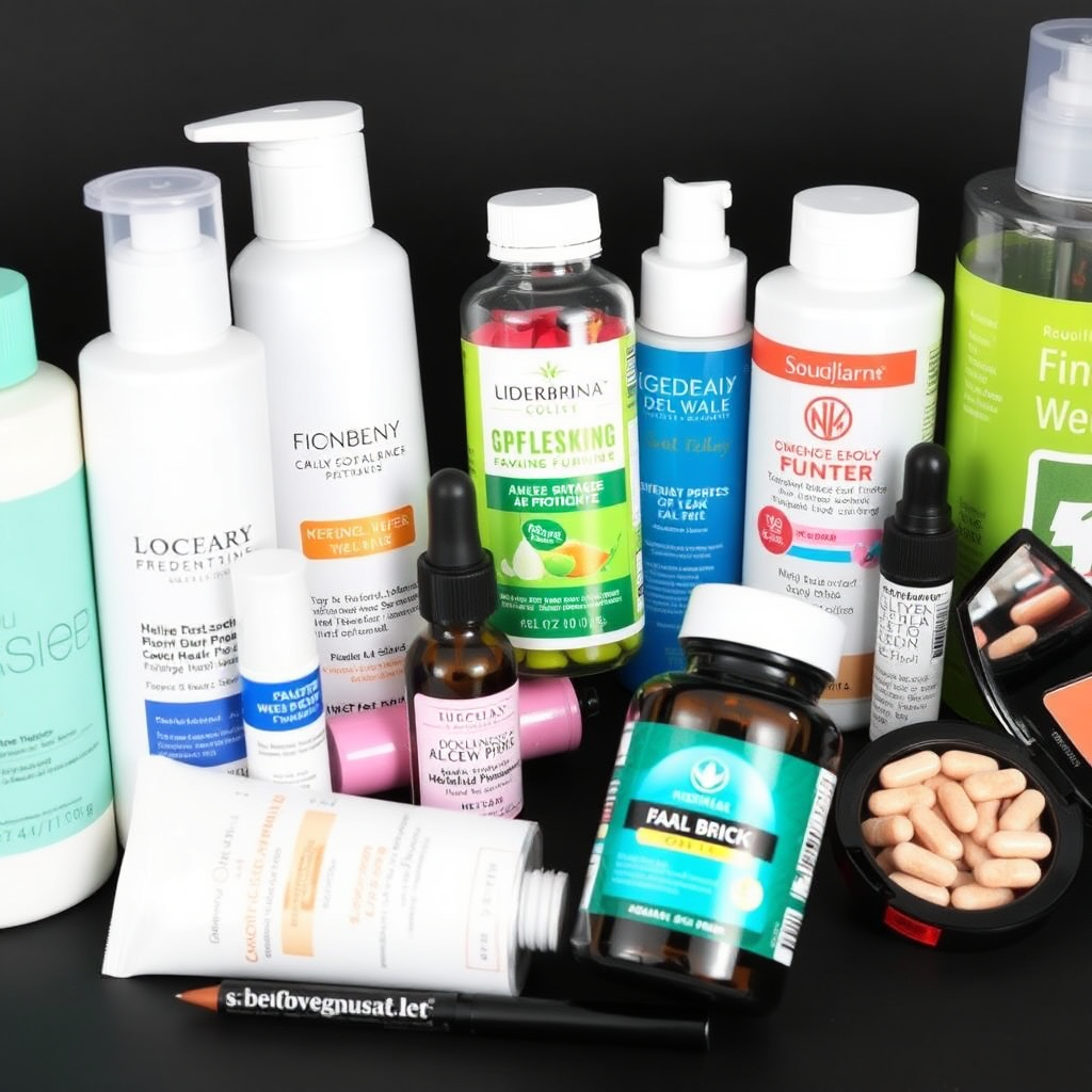  A collection of health and beauty products, such as skincare, makeup, and vitamins, representing self-care and wellness.