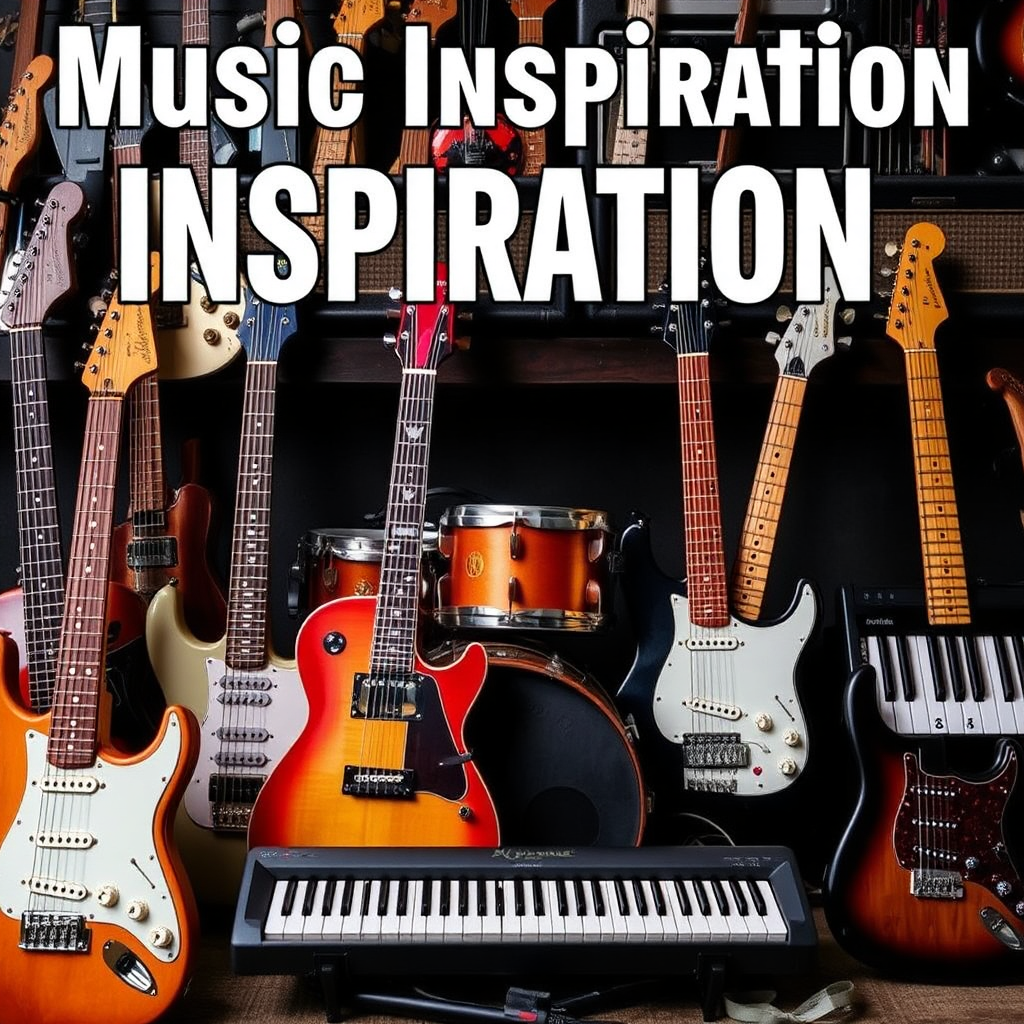 A collection of musical instruments, such as guitars, drums, and keyboards, representing musical inspiration and creativity.