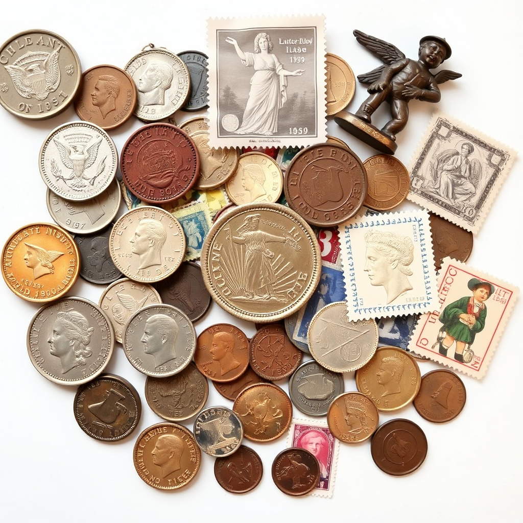 A collection of rare and valuable collectibles, such as antique coins, stamps, and figurines.