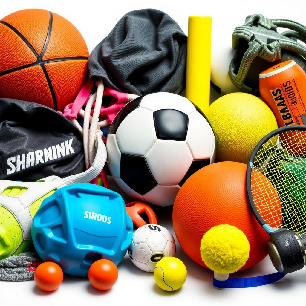 A collection of sporting goods for various activities, such as basketball, soccer, and tennis, representing fitness and recreation.