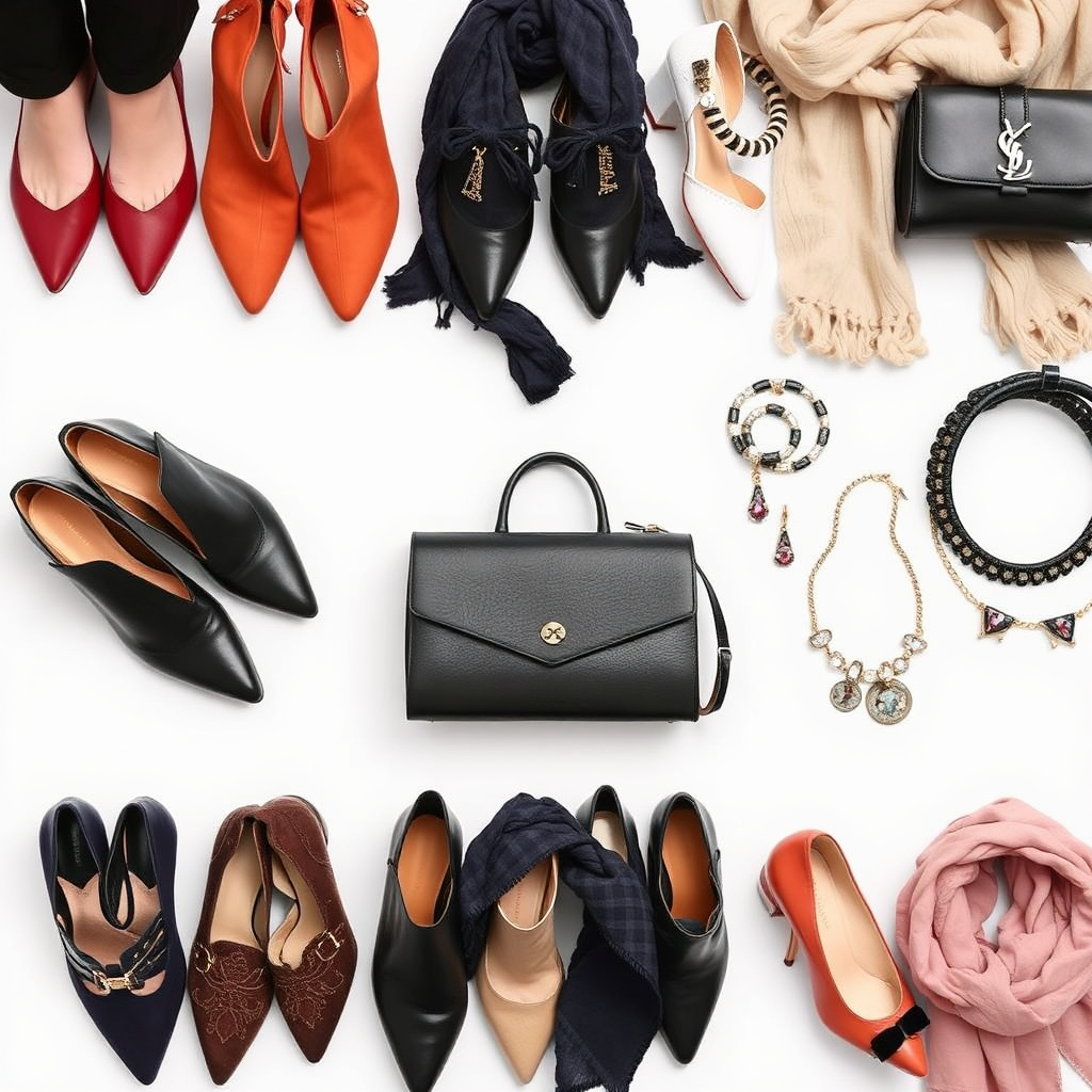  A collection of stylish shoes and accessories, such as handbags, jewelry, and scarves, complementing various outfits.