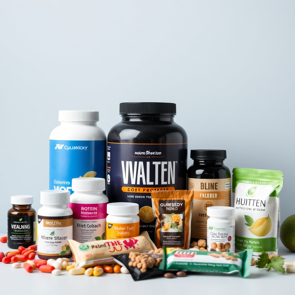  A collection of supplements and nutrition products, such as vitamins, protein powders, and health bars, representing health and wellness.