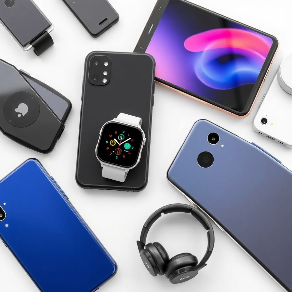  A collection of the latest consumer electronics, such as smartphones, smartwatches, and headphones, representing innovation and convenience.