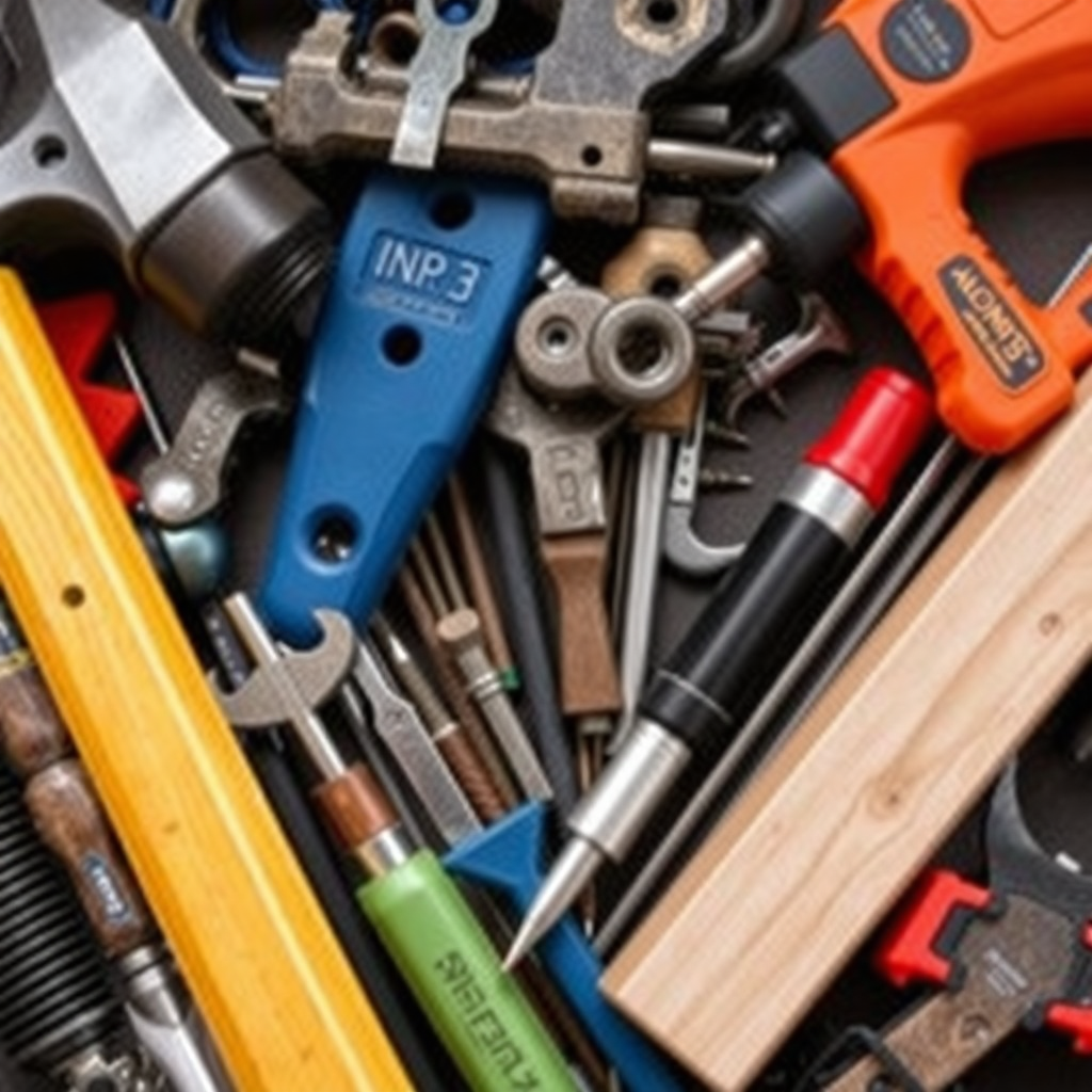 A collection of tools and hardware, such as hammers, screwdrivers, and drills, representing DIY projects and home improvement.