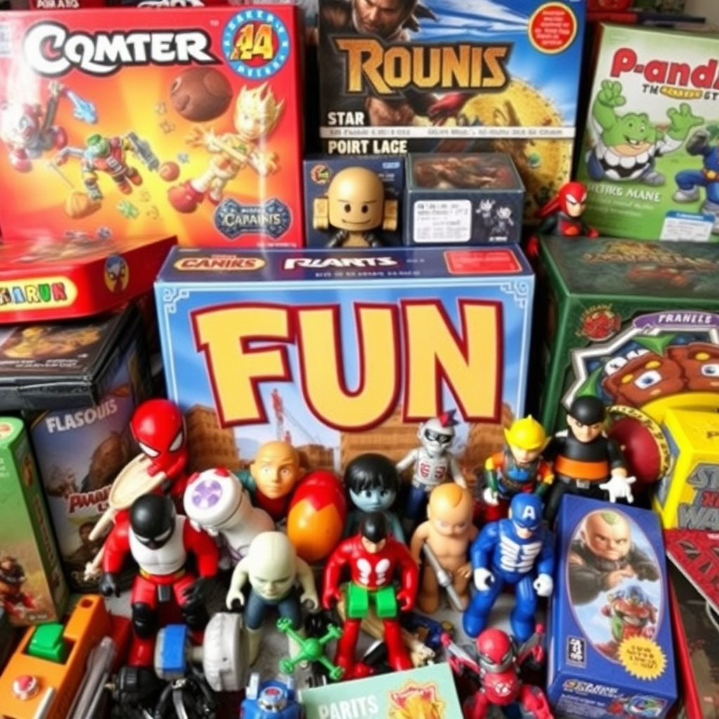 A collection of toys, games, and hobbies, such as board games, puzzles, and action figures, representing fun and entertainment.