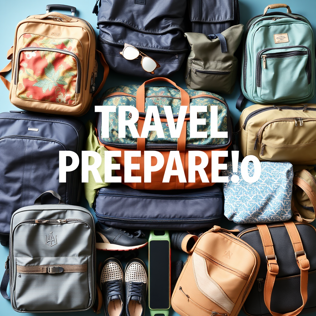  A collection of travel essentials, such as suitcases, backpacks, and travel accessories, representing travel preparation.