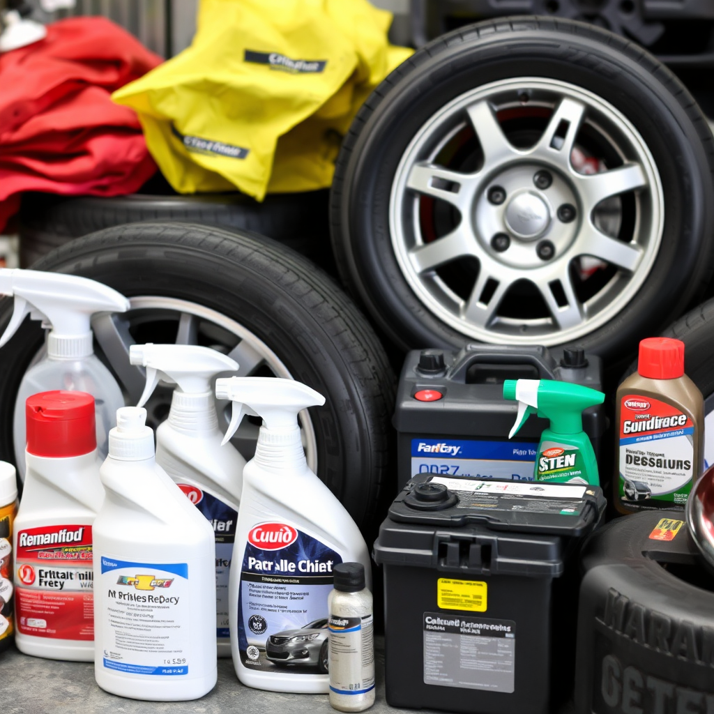 A collection of vehicle parts and accessories, such as tires, batteries, and car care products, representing car maintenance and repair.