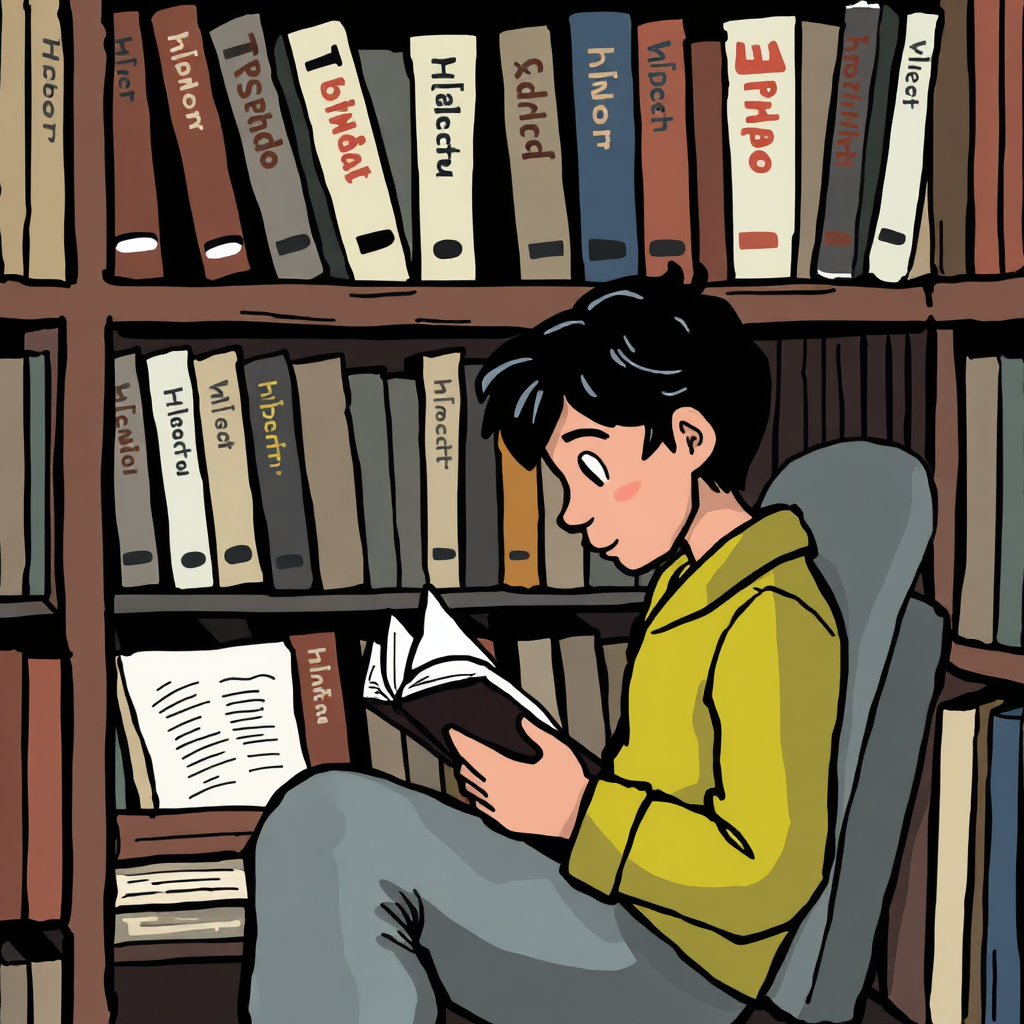 A cozy reading nook with a person reading a book, surrounded by shelves filled with books from various genres.