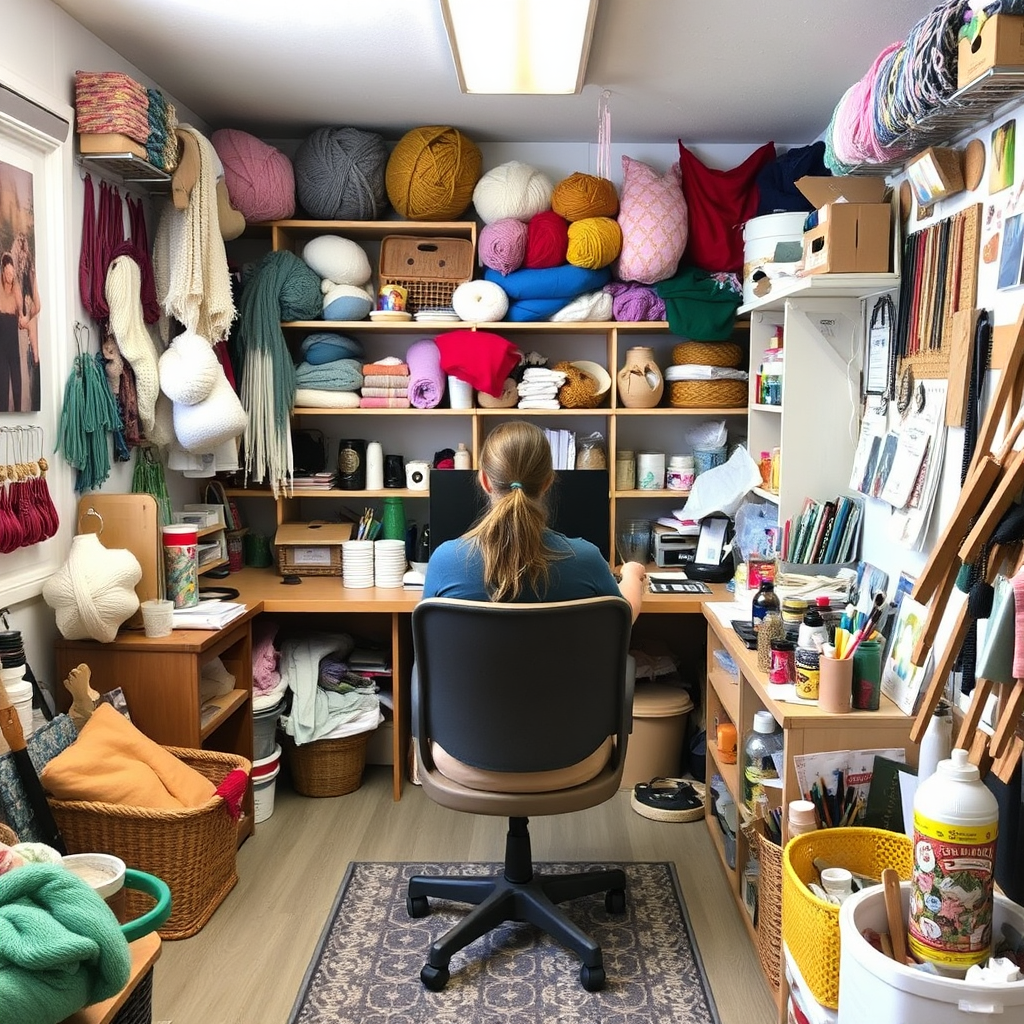 A crafter's studio filled with various crafts and supplies, such as yarn, fabric, and paint, inspiring creativity and imagination.