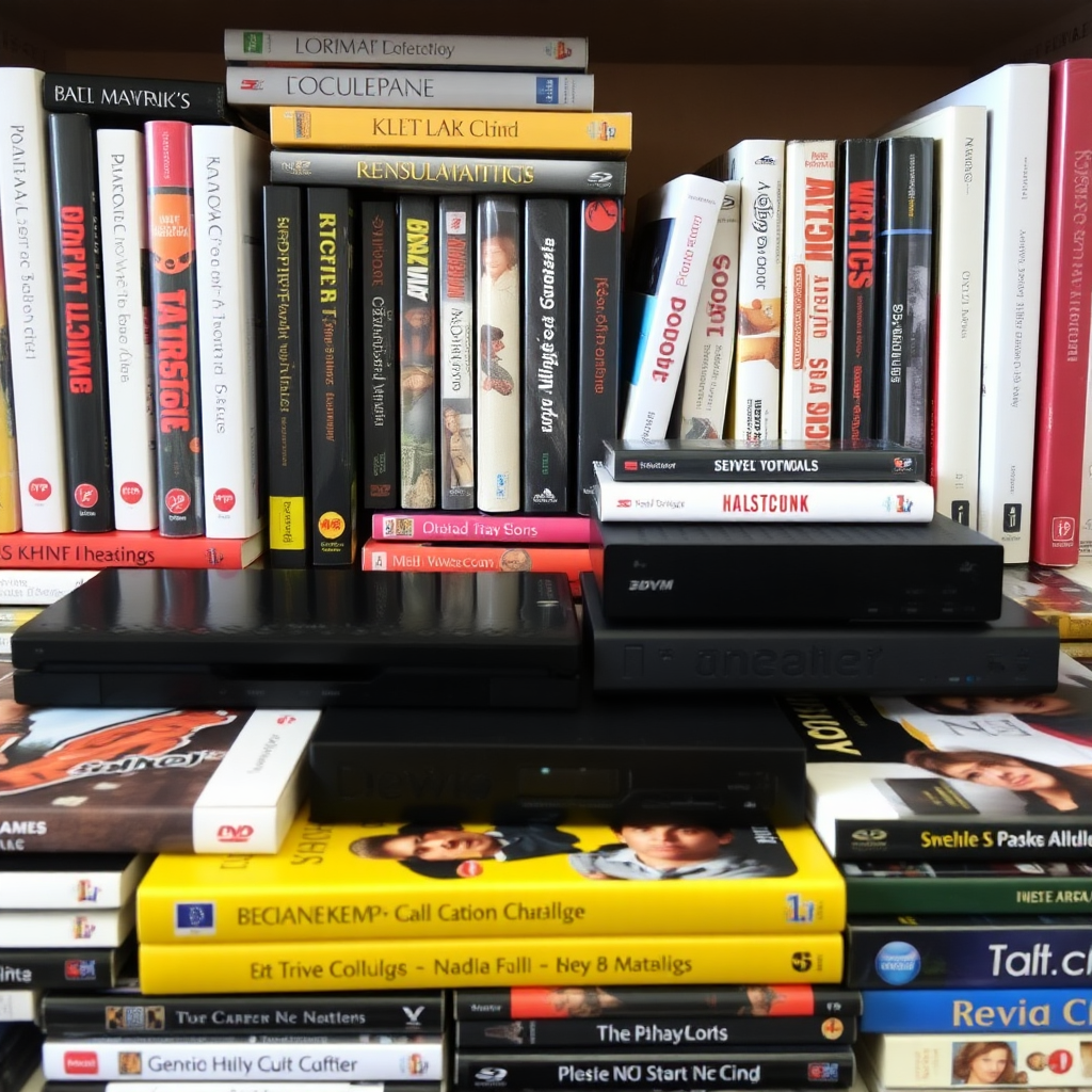 A diverse collection of books, DVDs, and streaming devices, representing various media formats.