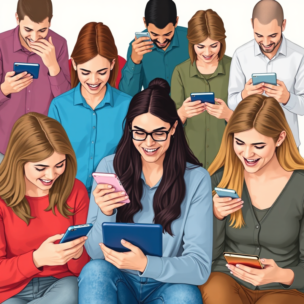  A diverse group of people using various consumer electronics, such as smartphones, tablets, and laptops, representing accessibility and versatility.