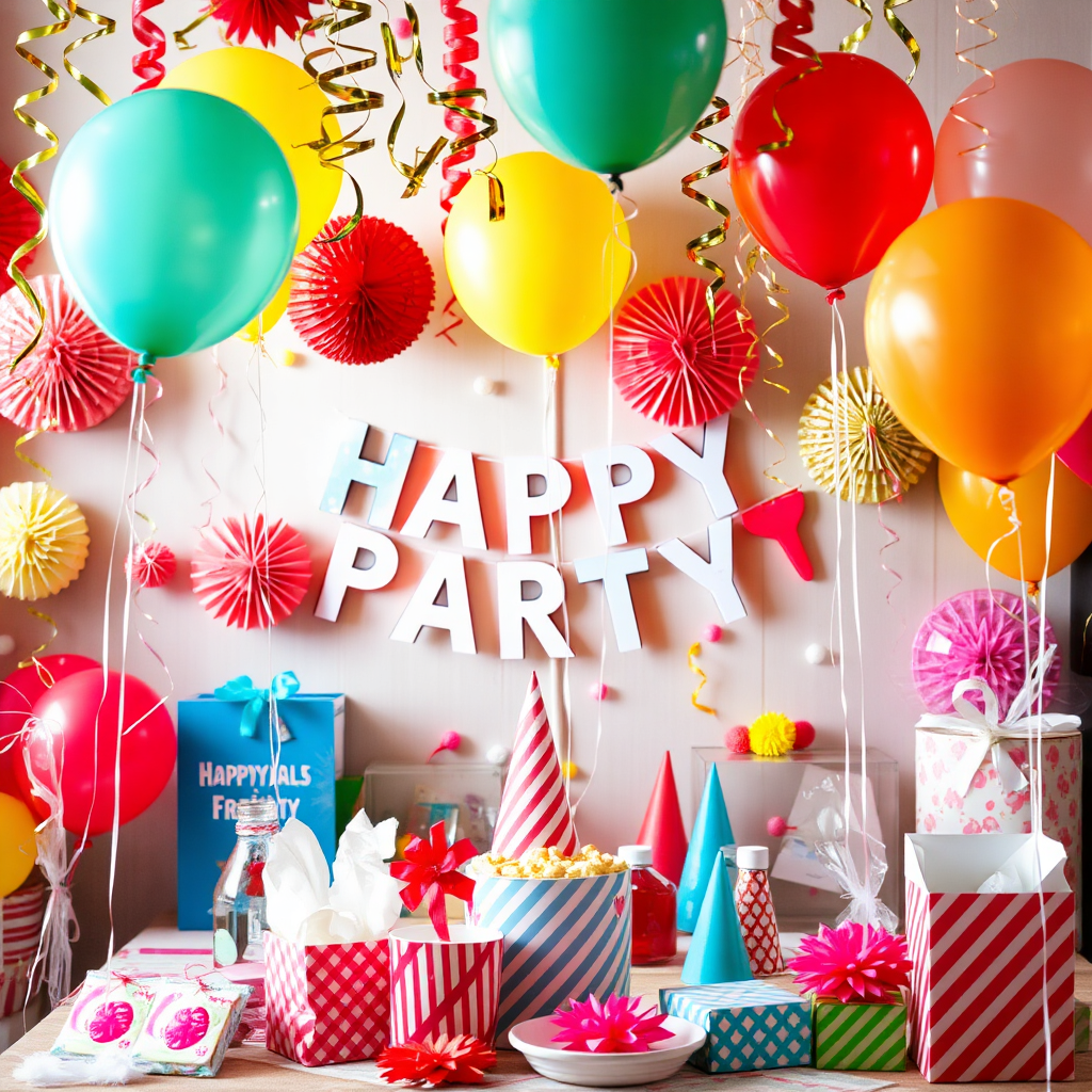 A festive party scene with decorations, balloons, and party favors, representing celebration and joy.