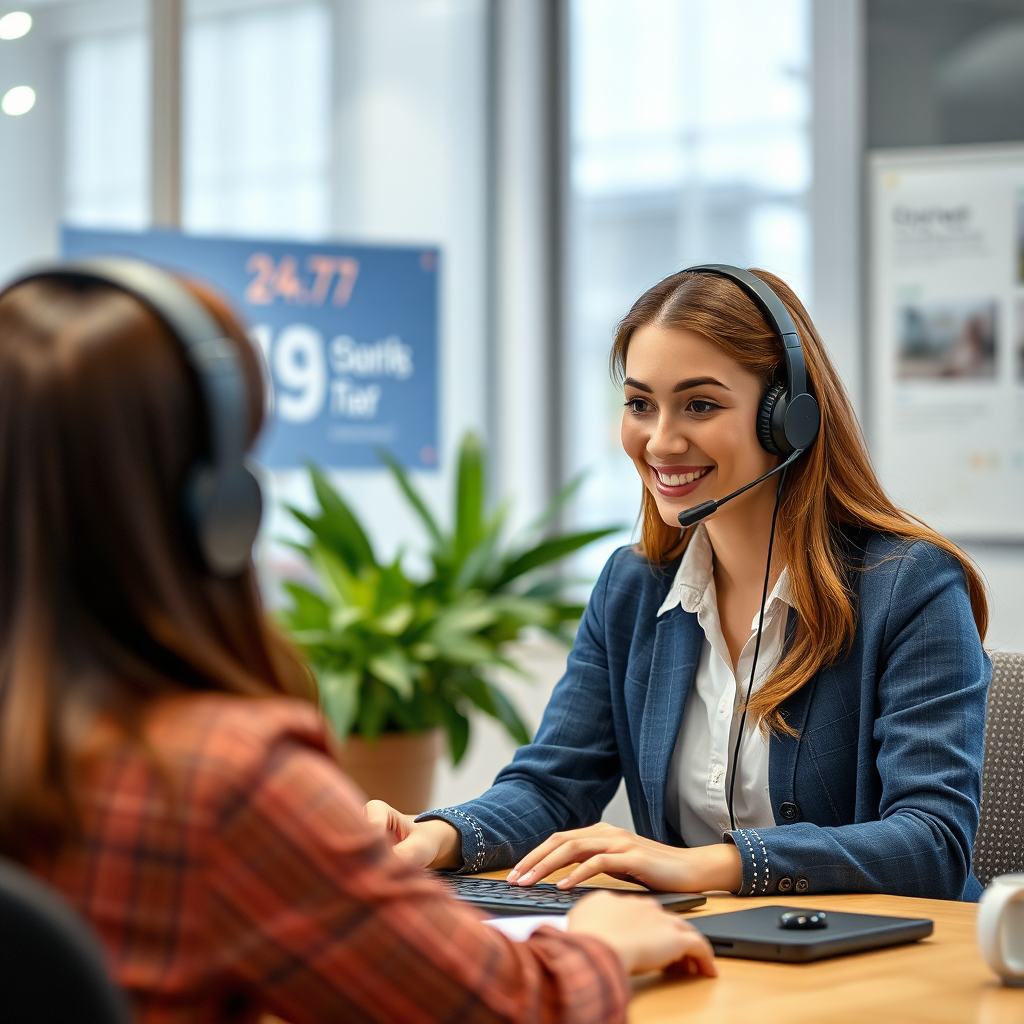 A friendly customer support agent assisting a customer through a virtual interface, representing our 24/7 customer support service.