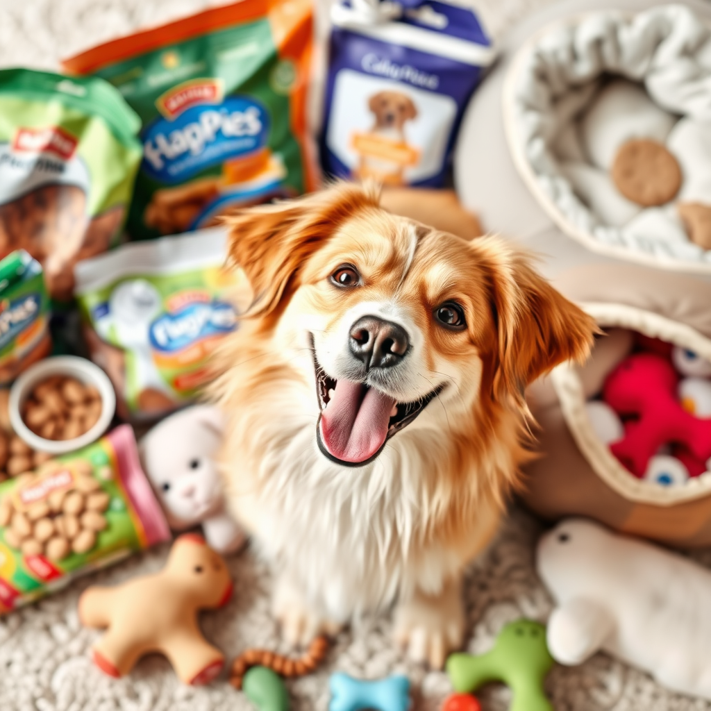  A happy pet surrounded by pet supplies, such as food, toys, and beds, representing pet happiness and well-being.