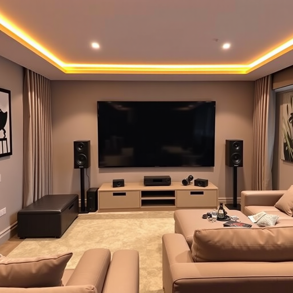  A home entertainment setup with a large TV screen, surround sound system, and comfortable seating, for an immersive viewing experience.