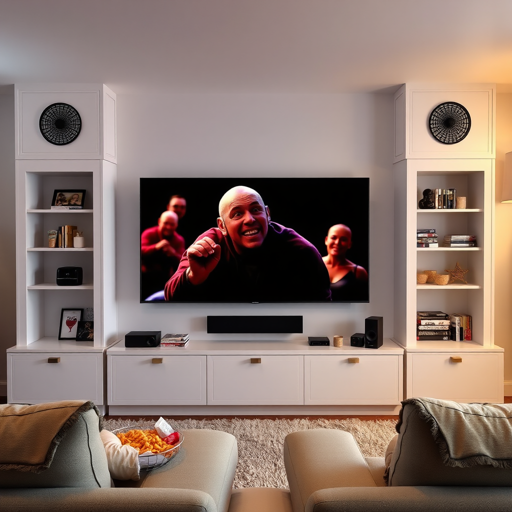 A home entertainment setup with a large TV screen displaying a movie, accompanied by snacks and comfortable seating.