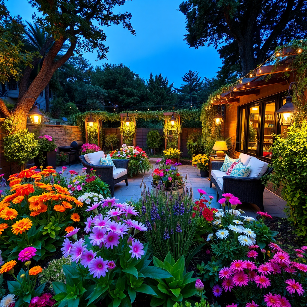 A lush garden with colorful flowers, comfortable seating, and outdoor lighting, representing an outdoor oasis.