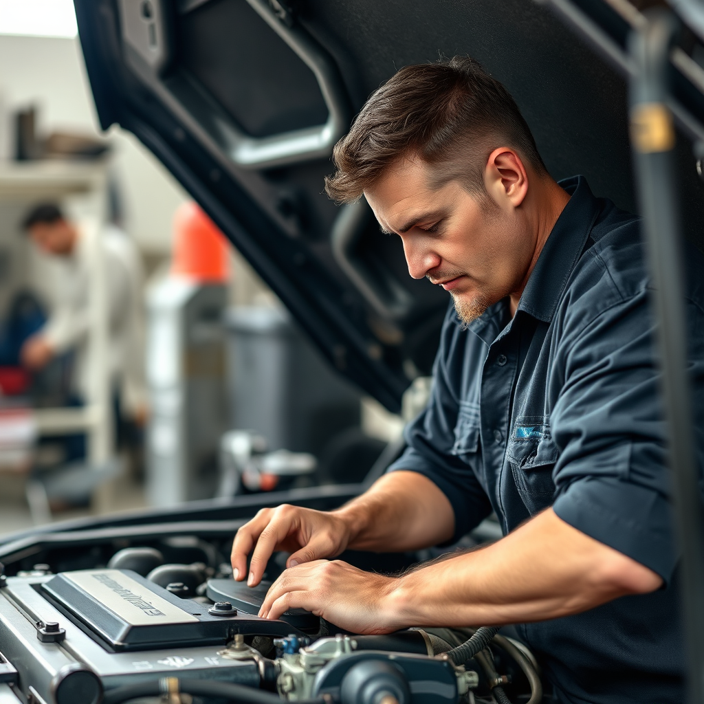 A mechanic working on a vehicle engine, representing vehicle maintenance and repair.
